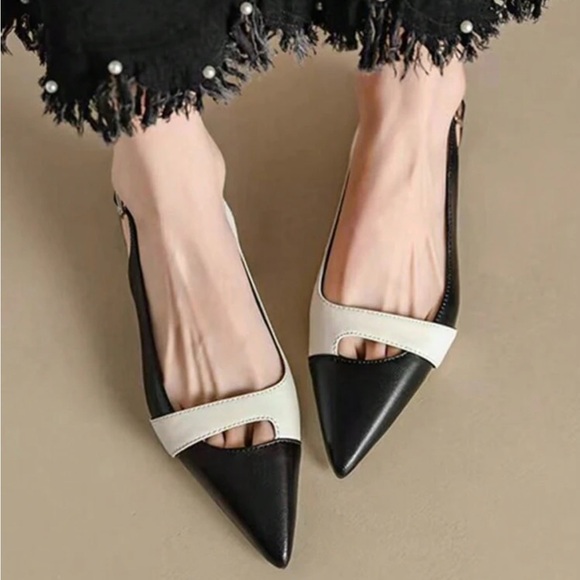 Chic Black and White Pointed Slingback Low Heel Flats Shoes Size 7 - Picture 1 of 10